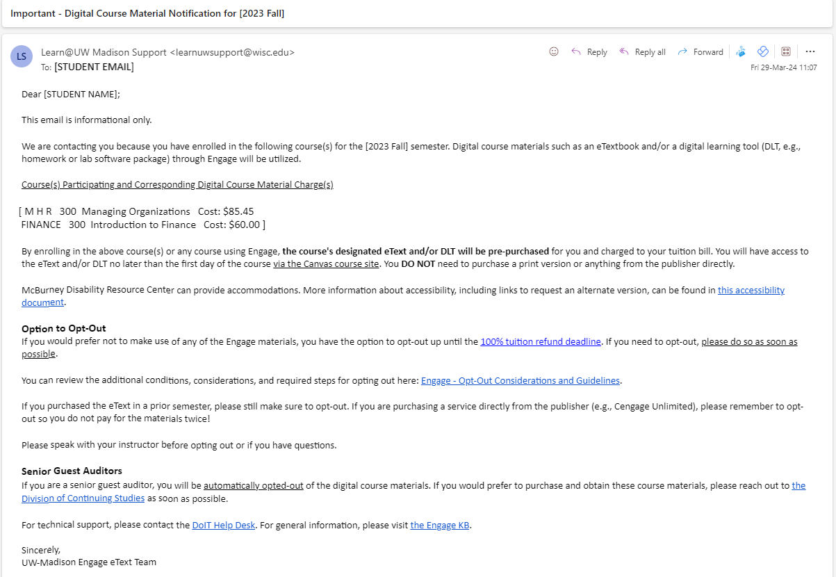 Email is titled "Important - Digital Course Material Notification for [semester], from "Learn@UW Madison Support". The course name, digital course material title, and price are in brackets.