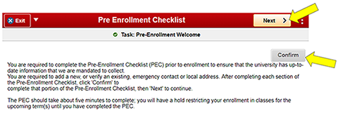 welcome page with arrows pointing to Confirm and Next