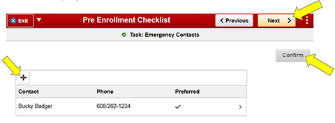 Emergency Contact save with arrows by Next, Confirm, and the Plus icon
