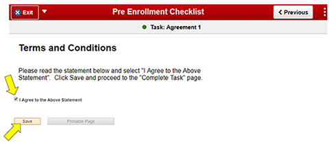 Agreement Terms and Conditions with arrow to selection box and Save
