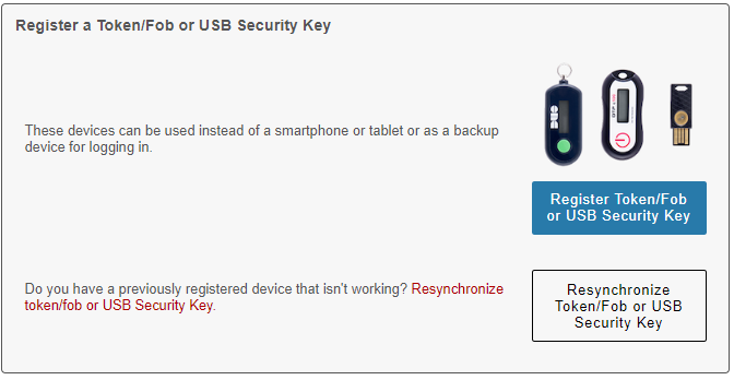 Token/fob section of the MFA portal with two options: register or resynchronize