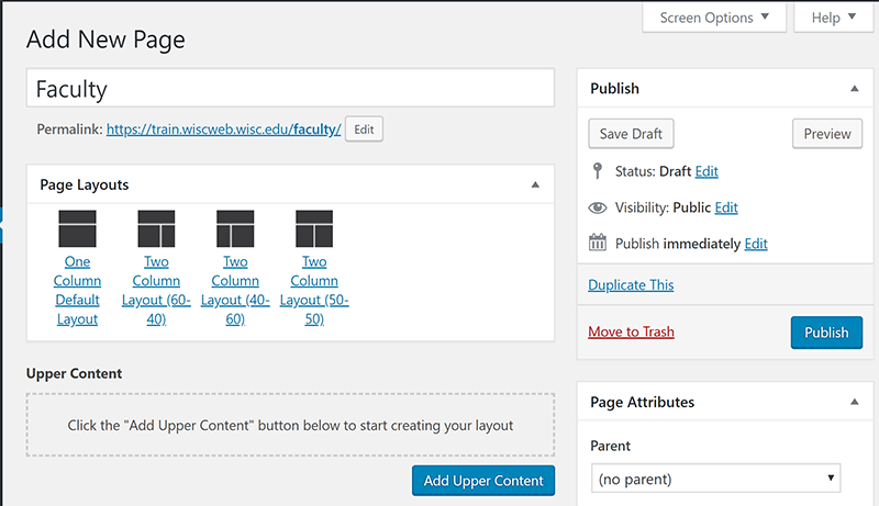New page with Page Attributes section displayed
